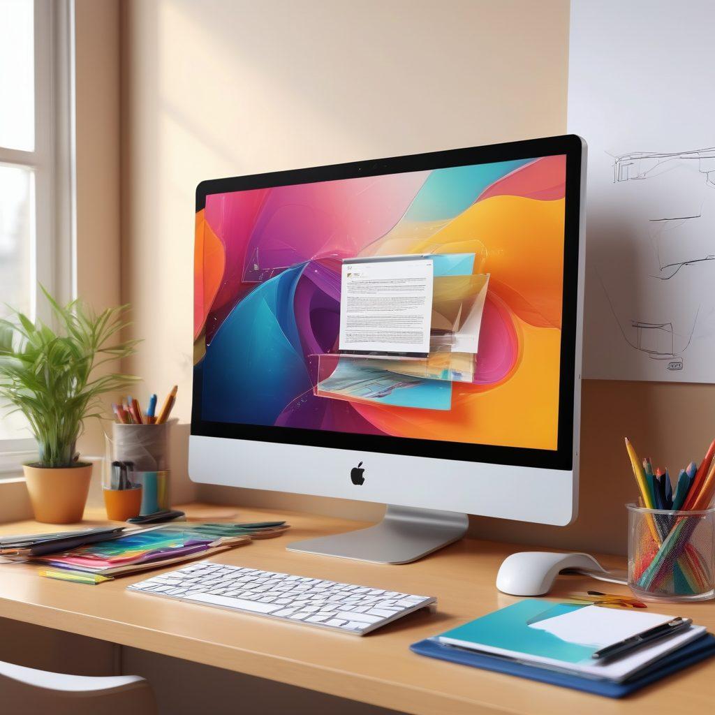A modern workspace with a sleek computer displaying a colorful website design, surrounded by design tools like sketches, color palettes, and digital devices. The background features abstract shapes and vibrant, flowing lines representing creativity and innovation. Warm natural light floods the scene, symbolizing a welcoming digital home for ideas. super-realistic. vibrant colors. 3D.