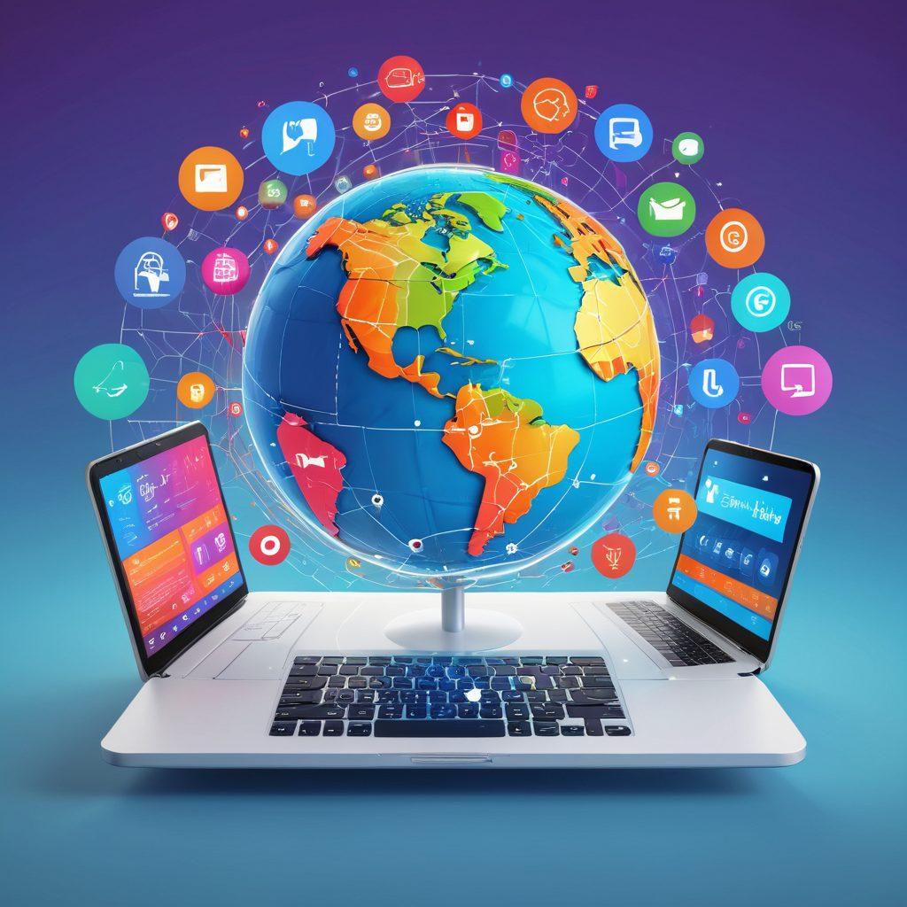A visually striking collage of digital tools like laptops, smartphones, social media icons, and a globe symbolizing an interconnected world. Include a person confidently navigating a digital interface with vibrant colors and an engaging atmosphere. Surround them with elements showcasing online presence, such as websites, blogs, and analytics charts. Evoke a sense of creativity and empowerment in the digital landscape. super-realistic. vibrant colors. 3D.