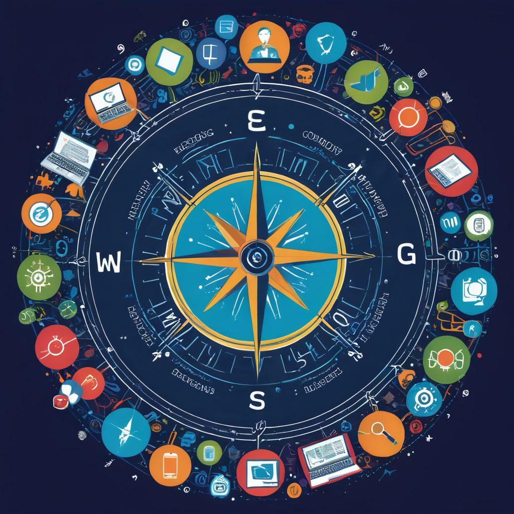 An intricately designed compass with each direction representing a different aspect of blogging: engagement, SEO, creativity, and community. Surrounding the compass are diverse people interacting online through laptops and smartphones, showcasing a vibrant blogging community. Incorporate symbols like lightbulbs for ideas, chat bubbles for engagement, and search magnifying glasses for SEO. The background features a digital landscape with flowing data and network connections. super-realistic. vibrant colors. 3D.